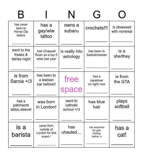 FIND A SAPPHIC WHO..... Bingo Card