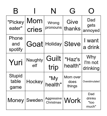 Parents Christmas Bingo Card