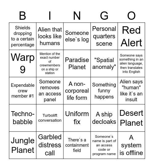 Star Trek Bingo Card