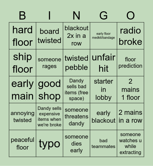 Dandy's World Run Bingo Card