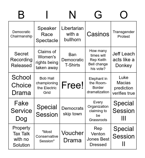 Texas 89th Legislative Session BINGO Card