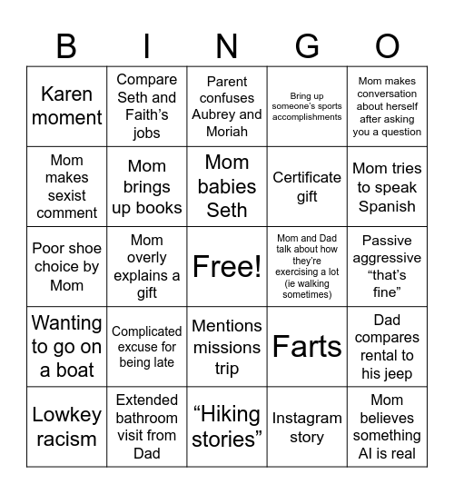 Family Holiday Bingo Card