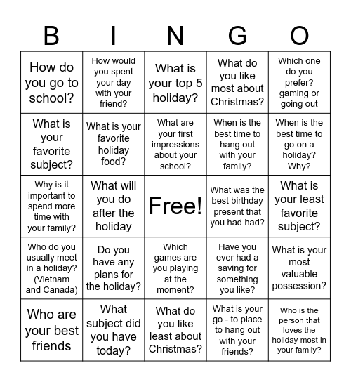 Christmas Holiday Bingo Card