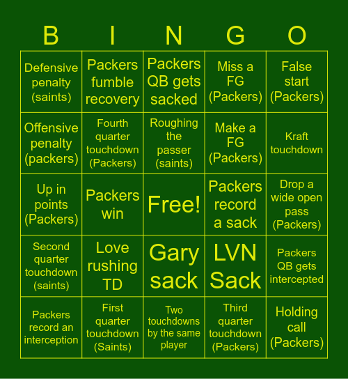 Week 16 VS Saints Bingo Card