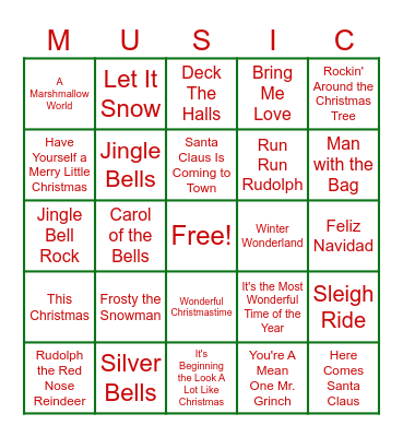 Christmas Song Music Bingo Card