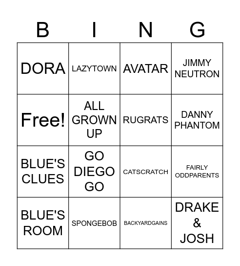 NICKELODEON Bingo Card