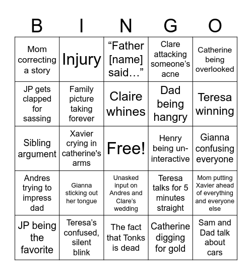 Rainone Family Bingo Card