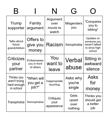 Toxic Family Bingo Card