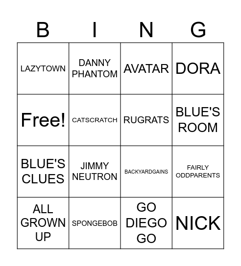 NICKELODEON Bingo Card