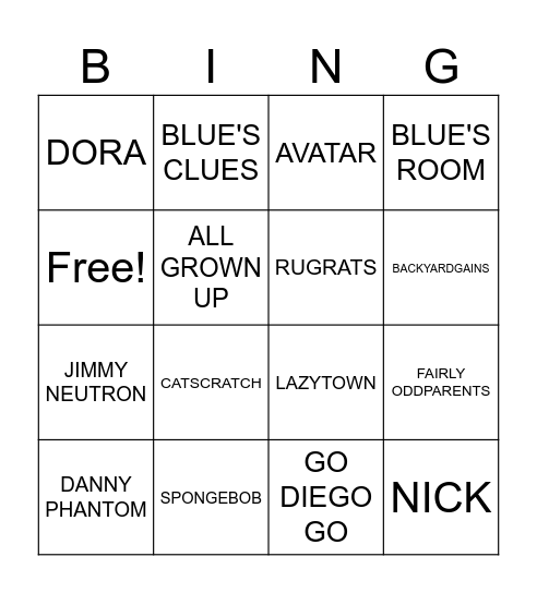 NICKELODEON Bingo Card