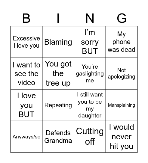 Josh Apology Bingo Card