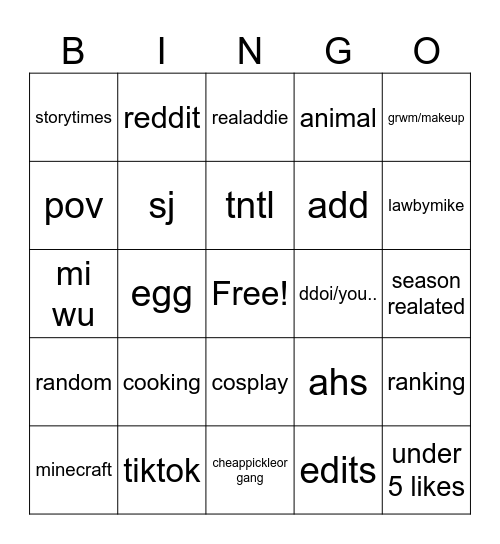 youtube shorts Bingo Card