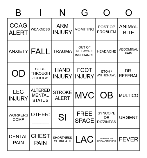 ER REG BINGO Card