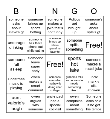 Kovacs Family Bingo Card