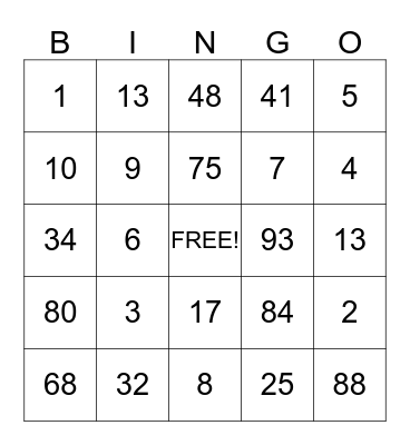 Number Bingo Card