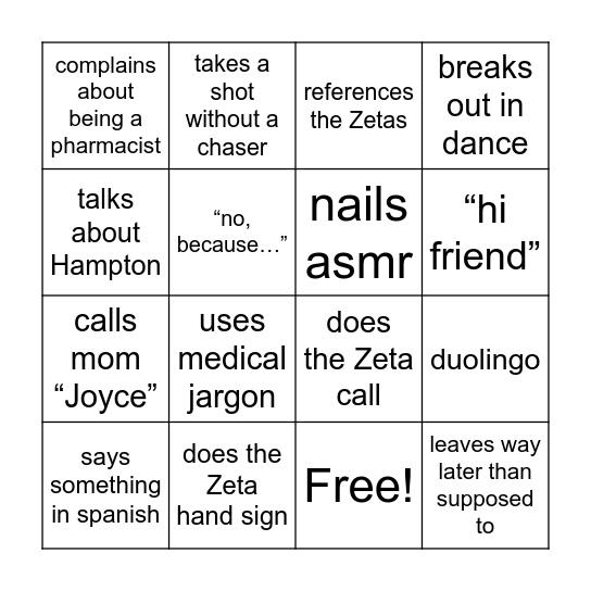 Jasmine Bingo Card