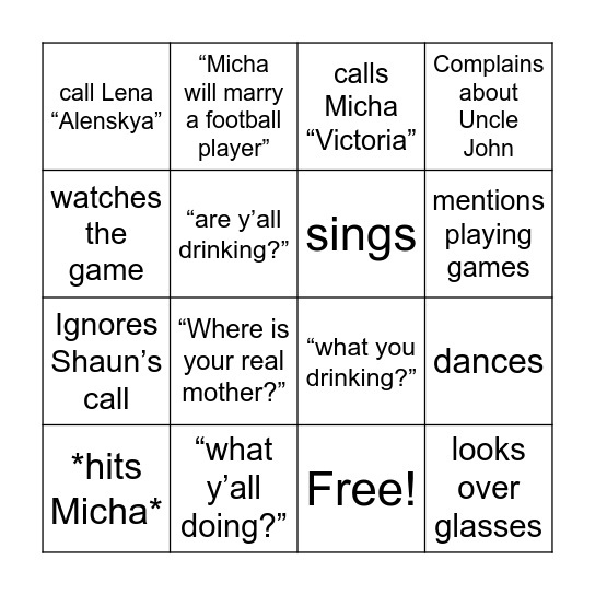 Shirley Bingo Card