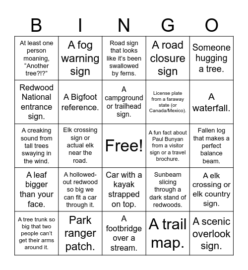 Redwoods Bingo Card