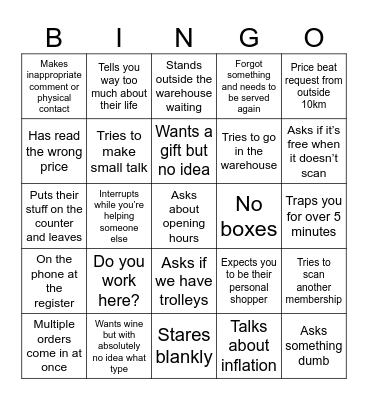 Customer bingo Card