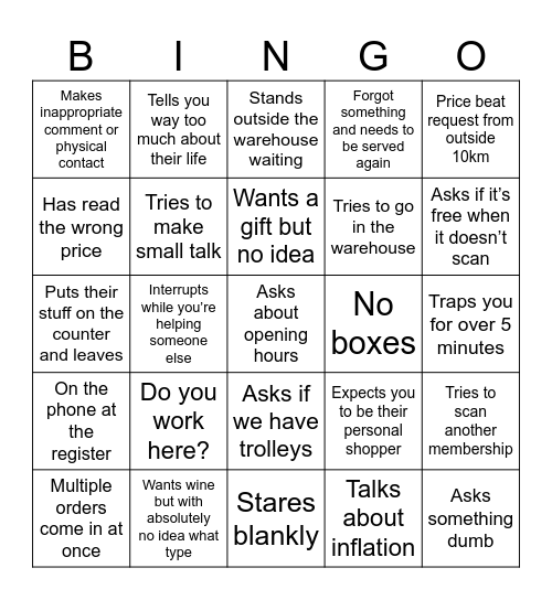 Customer bingo Card