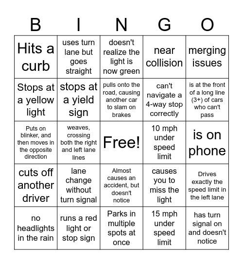 Pennsylvania Driver Bingo Card