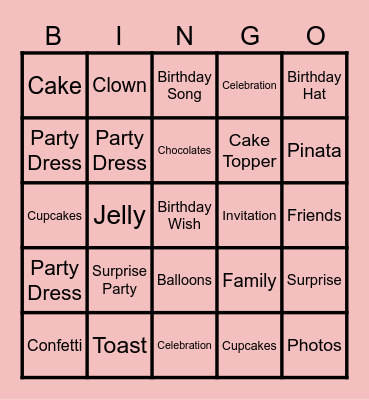 Zara's Birthday Party Bingo Card