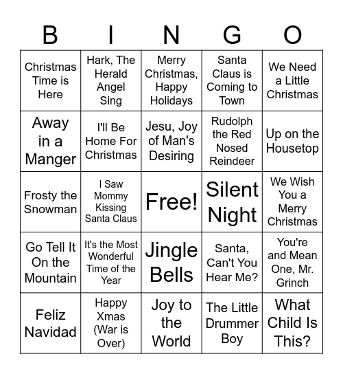 Christmas Song Bingo Card