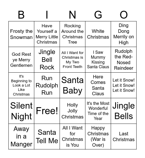 Christmas Song Gingo Bingo Card