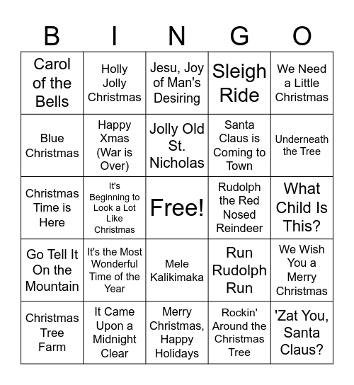 Christmas Song Bingo Card