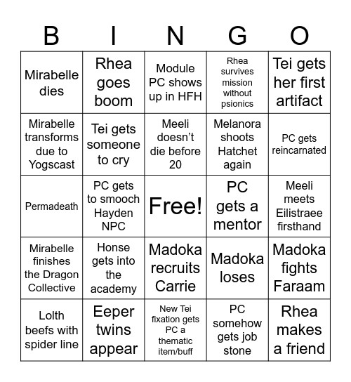 Tei’s Player Bonho Bingo Card