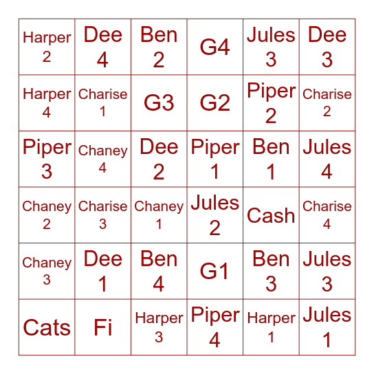 Christmas Family Bingo Card