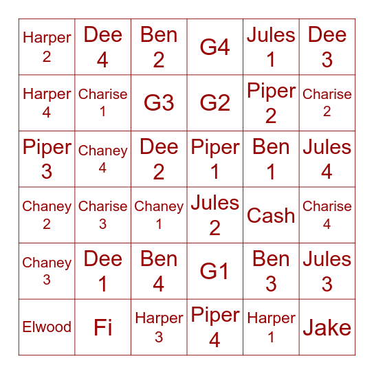 Christmas Family Bingo Card