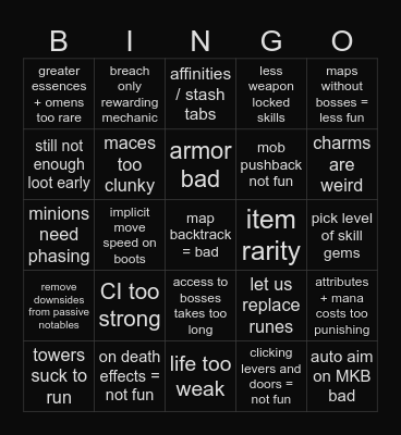 poe2 feedback bingo Card