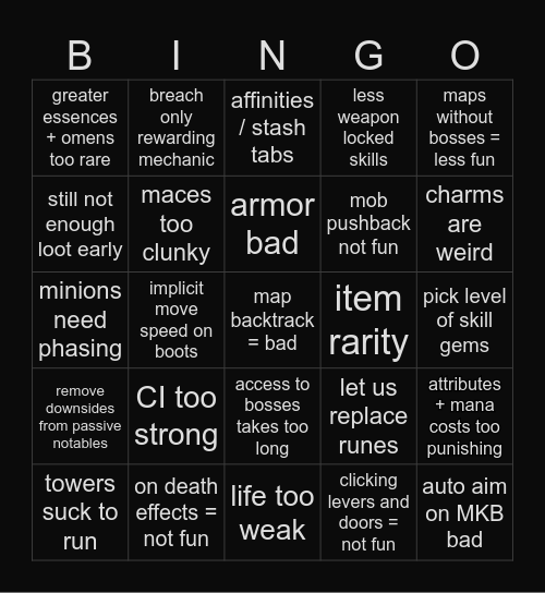 poe2 feedback bingo Card