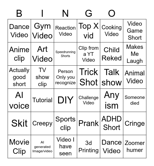 YT Shorts Bingo Card