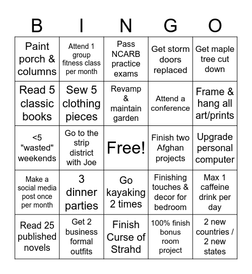 New Year's Resolution BINGO Card