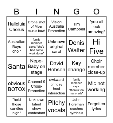 Vision Australia Carols by Candlelight Bingo Card