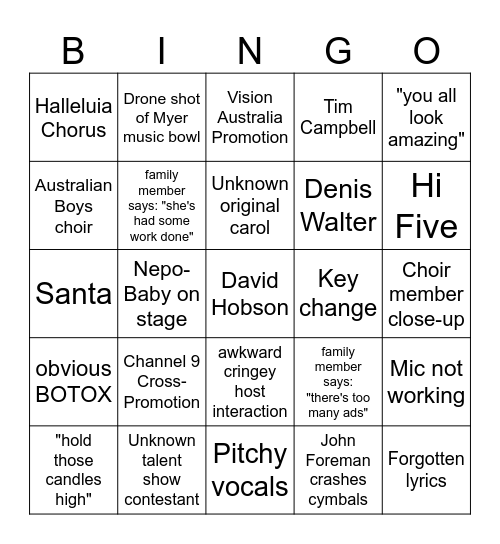 Vision Australia Carols by Candlelight Bingo Card