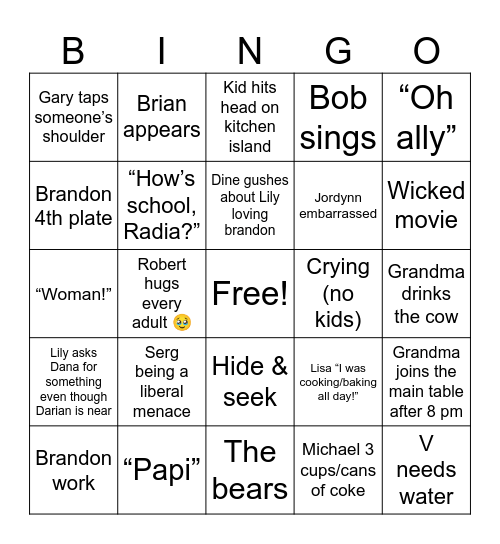 Xmas eve Bingo Card