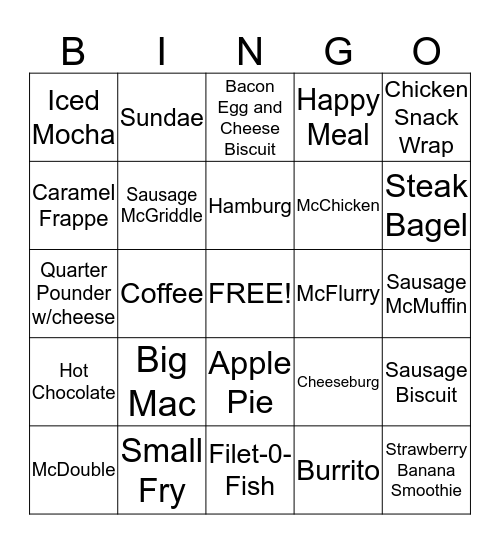 McDonalds Bingo Card