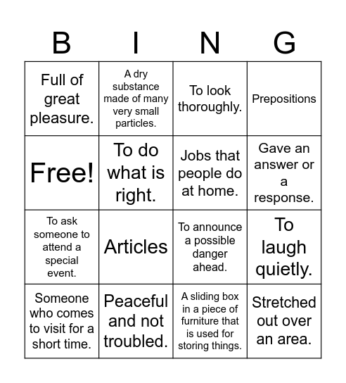 Week 17 Vocabulary Bingo Card