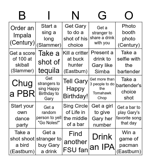 Gary's Birthday Bingo Card