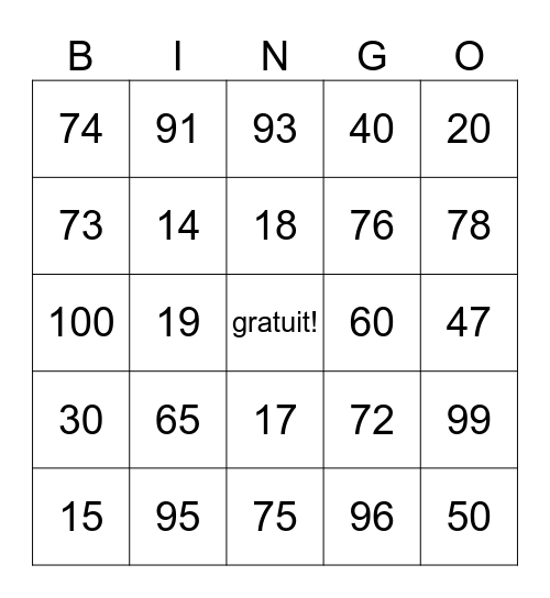 Les nombres de 1 à 100 Bingo Card
