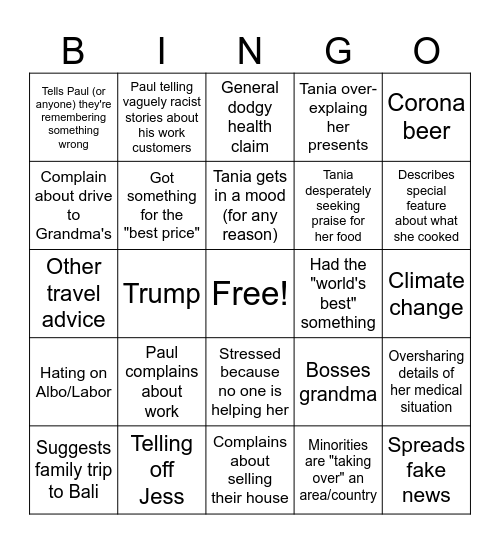 Tania (and Paul) Bingo Card