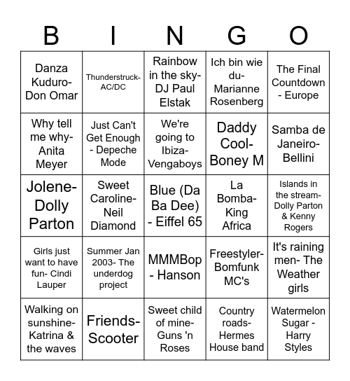 Foute Muziek Bingo Card