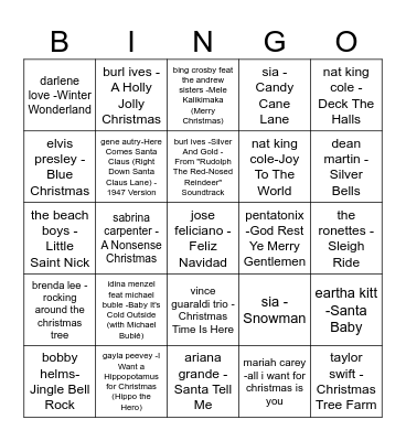 christmas song bingo Card