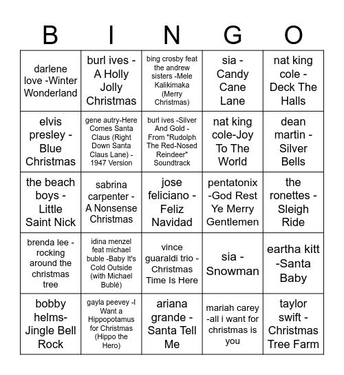 christmas song bingo Card