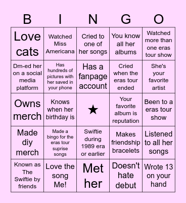 Swiftie bingo Card