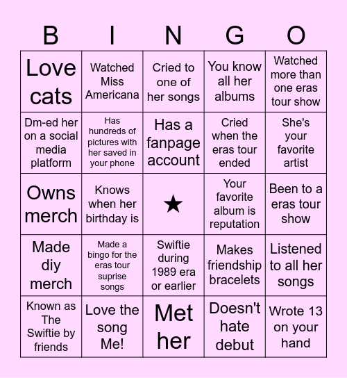 Swiftie bingo Card