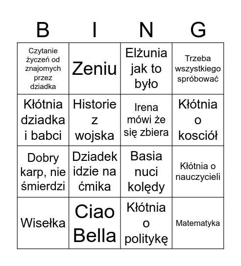 Wigilia Bingo Card